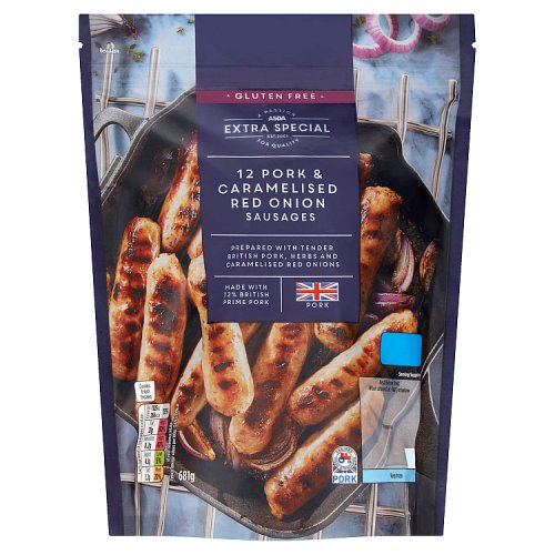 Asda Extra Special 12 Gluten Free Pork & Caramelised Red Onion Sausages 681g