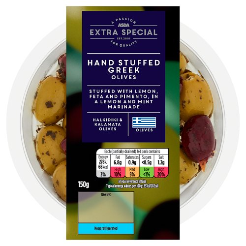 Asda Extra Special Hand Stuffed Greek Olives 150g Really Good Culture