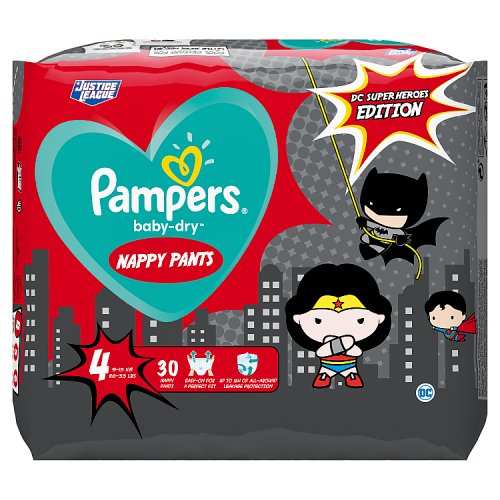 Pampers Baby-Dry DC Super Heroes Nappy Pants Size 4, 30 Nappies, 9kg-15kg
