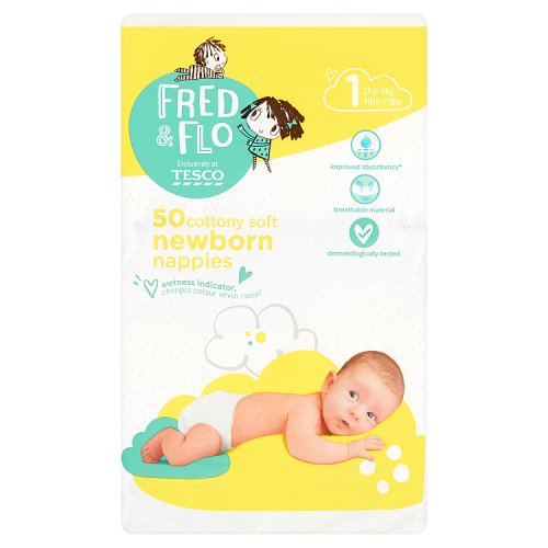 Tesco Fred & Flo 50 Cottony Soft Newborn Nappies Size 1