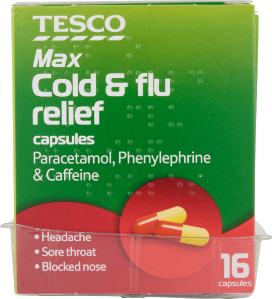 Tesco Health Max Strength Cold & Flu Relief Capsules 16 Capsules