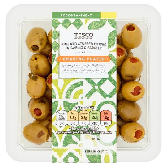 Tesco Pimento Stuffed Olives In Garlic & Parsley 130G Really Good Culture