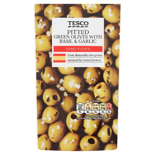 Tesco Pitted Green Olives with Basil & Garlic 70g